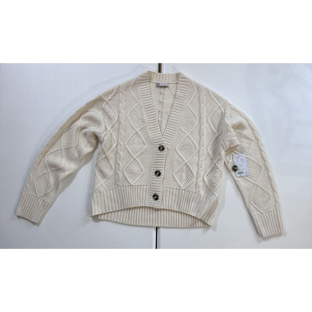 SO Cable Knit Cropped Cardigan Womens XS Cream Button Sweater NWT Cottagecore